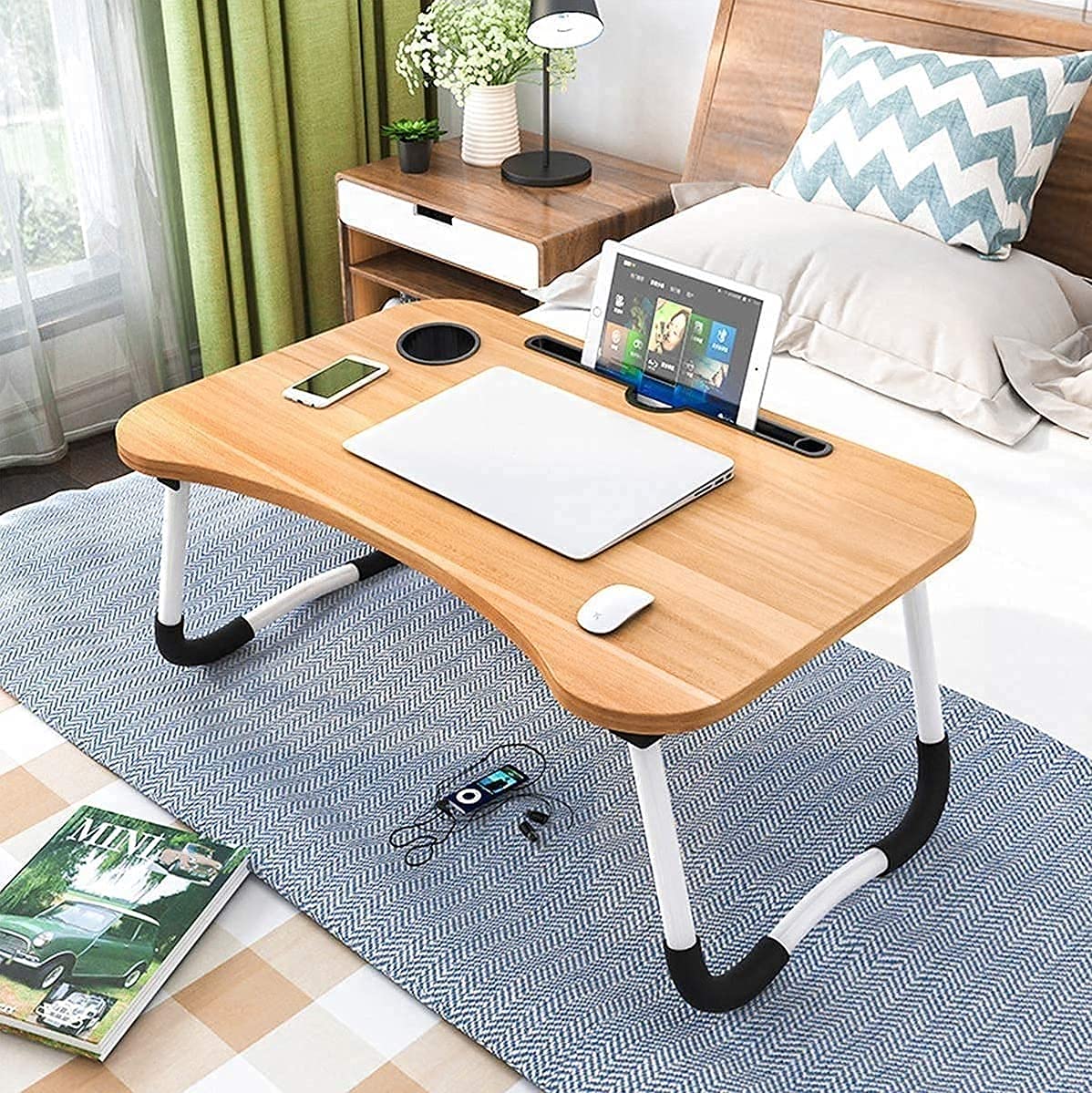 New Wood Portable Laptop Table Foldable Dormitory Bed Laptop Desk Book Reading Tray Cup slot Bed Table For Computer Notebooks